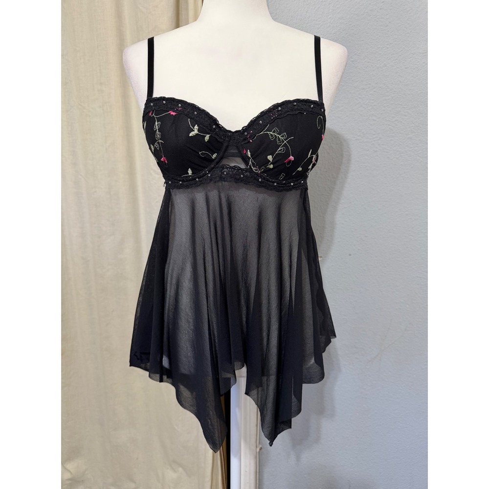 Vintage Y2K Rampage Babydoll 36B Black Underwire Sheer Mesh Floral Embroidered